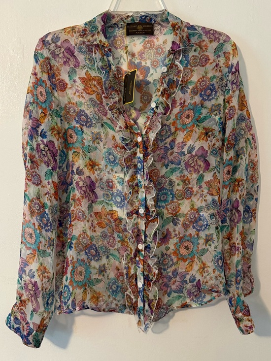 Luciano Barbera Tops - NWT Luciano Barbera Silk Floral Ruffle Button-Front Sheer Blouse - Multi Colored